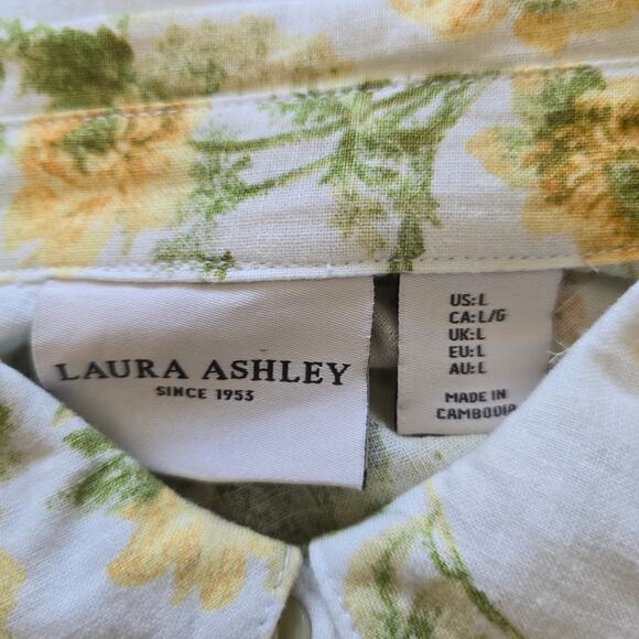 Laura Ashley Linen Blend Yellow Floral Raglan Button Up Shirt Size L Cottagecore - Picture 3 of 9